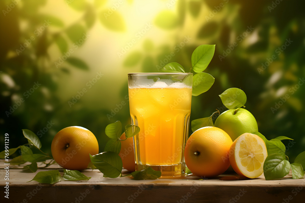 Fototapeta premium Glass of fresh juice with lemon and apples on wooden table on green background