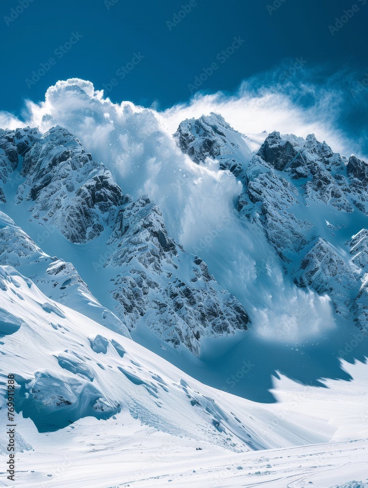 A breathtaking avalanche in progress on a pristine mountain slope under a clear blue sky.