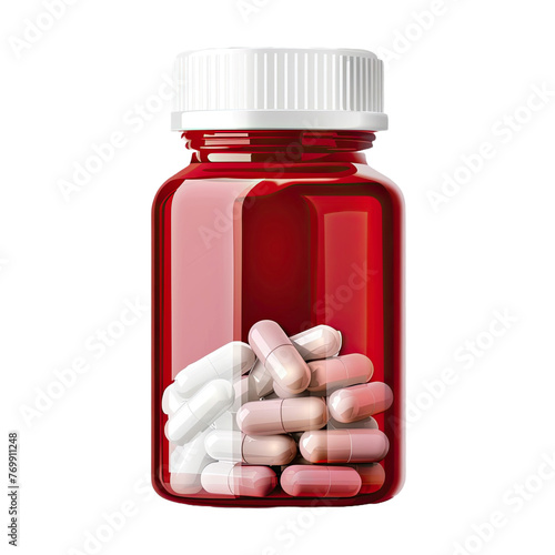 a red opened plastic bottle with medicine pills on transparent background