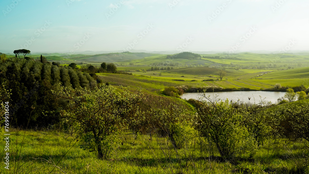Obraz premium Panorama collinare della Val d'Orcia lungo il percorso ciclistico dell'Eroica. Provincia di Siena. Toscana , Italia 