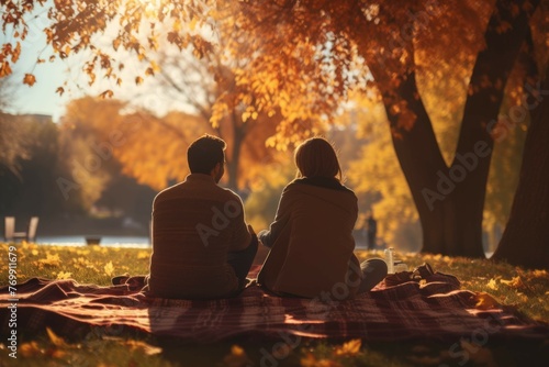 Romantic autumn picnic under colorful tree