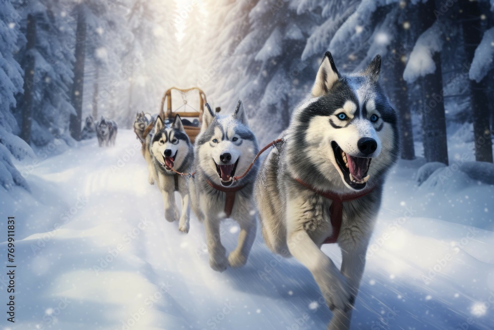 Family dog sledding adventure in a snowy forest