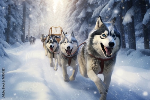 Family dog sledding adventure in a snowy forest