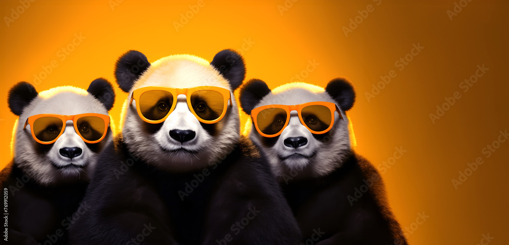 Creative animal concept. Group of panda bear friends in sunglass shade glasses isolated on solid pastel background, commercial, editorial advertisement, copy text space	
