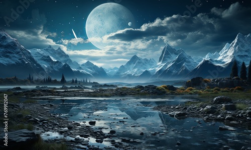 Moonlit Night Over Majestic Mountains and Lake