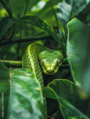A vivid green snake camouflaged perfectly amongst lush tropical foliage, exemplifying nature's adaptation and beauty.