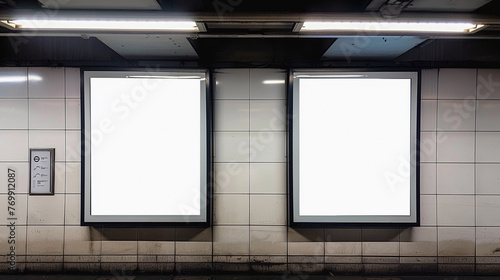 2 empty advertising banners mockup in underground tunnel outdoor media display space lightbox