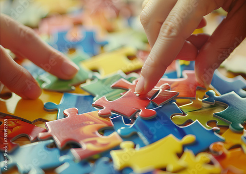 of Hands join puzzle pieces in the office. business people putting the jigsaws team together on blurred white office background