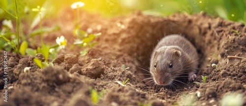 As the morning light filters through, a rat ventures near its burrow amidst the fertile soil, with new growth surrounding its home. photo