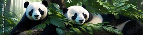 Abstract illustration of 2 pandas in a rainforest. Background for banner  poster  website header  space for text.