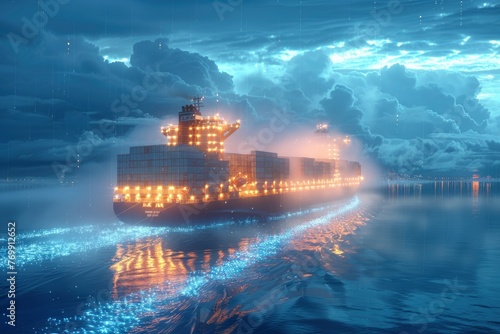 A large ship is sailing through a stormy sea. The sky is dark and cloudy, and the water is choppy. The ship is surrounded by a mist, and the lights on the ship are glowing brightly