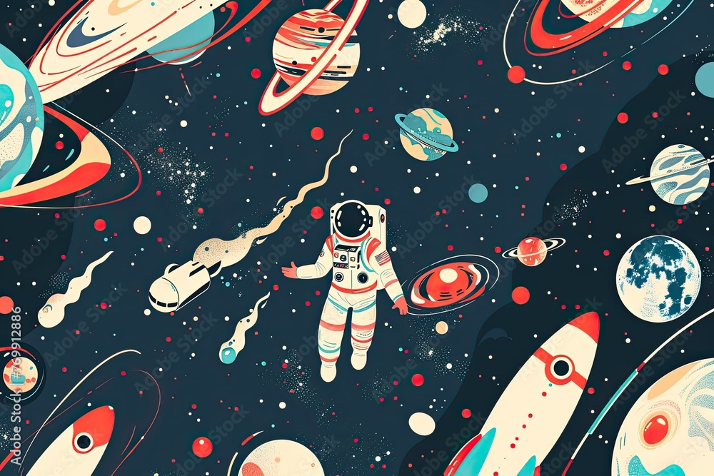 A colorful space scene with a man in a spacesuit holding a rocket. The image is a work of art that captures the imagination and the wonder of space exploration A colorful space scene with a man in a spacesuit holding a rocket. The image is a work of art that captures the imagination and the wonder of space exploration
