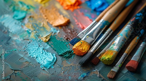 A vibrant and artistic shot of an oil paint set arranged with brushes and a canvas. The image highlights the rich colors and texture of the oil paints.