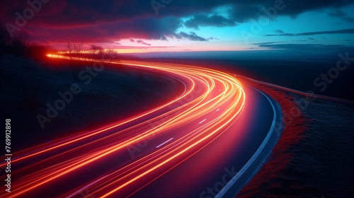 Light trails of high speed car lights on a road at night.