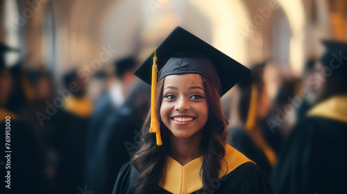 A young dark-skinned, black African-American girl wearing a graduate hat against the backdrop of her classmates.