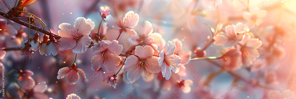 Spring banner Pink flowers cherry blossom background Spring cherry bloom nature background with flowers tree branches and blurred background. - obrazy, fototapety, plakaty 