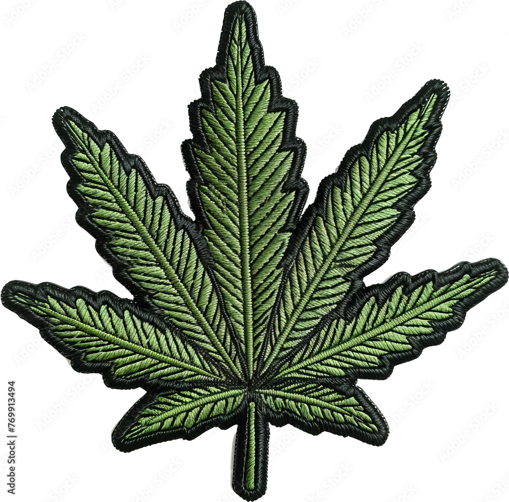 Embroidered cannabis leaf with detailed stitching cut out on transparent background