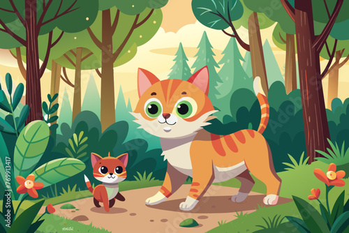 A cat and a small kitten are walking in the forest