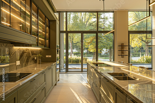 Interior view of a large suburban house's open-plan kitchen with olive green cabinets and marble countertops, illuminated by natural light with blank labels for copy space