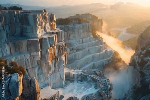 A mesmerising aerial view of a marble quarry at dawn, with layers of mist clinging to its rugged cliffs, creating an otherworldly ambience. 