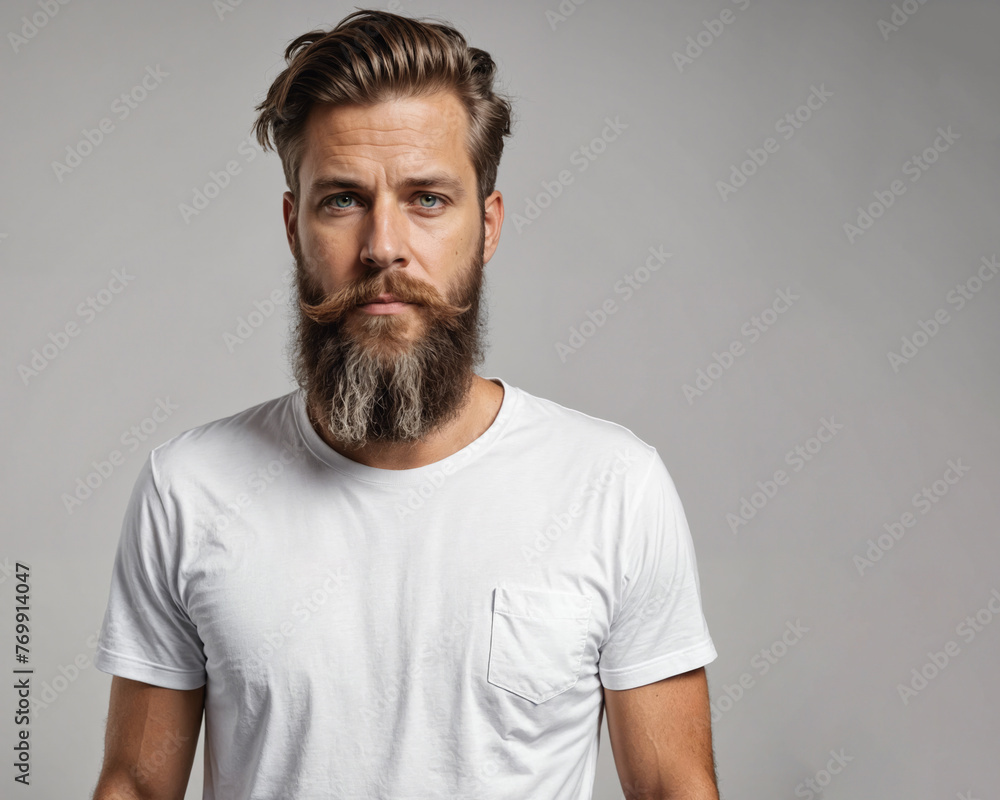 White T–shirt/ Mock-up template for design print. Shown on model men with a beard. White T–shirt/ Mock-up template for design print. Shown on model men with a beard.