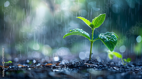 Small plant growing in the rain with nature bokeh background, representing carbon credit and reforestation concept photo