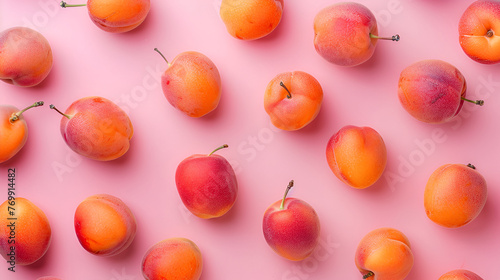 Flat lay composition with sweet juicy peaches on pink background ,Many ripe peaches on color background