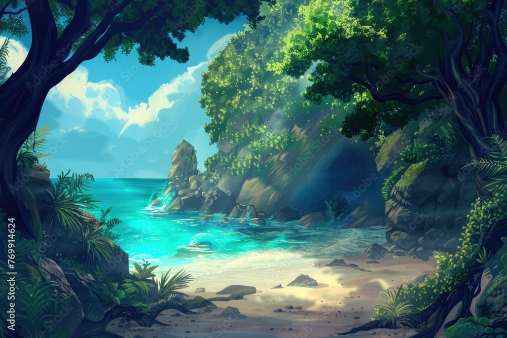 A beautiful beach scene with a rocky shore and a lush forest in the background. Scene is peaceful and serene, with the ocean and trees creating a sense of calm and tranquility