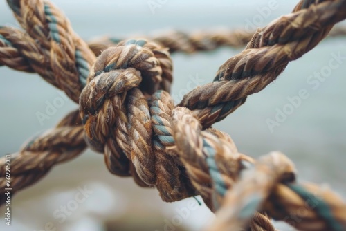 A rope with knots tied in it. The rope is brown and green