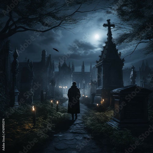 Gothic cemetery at night with figure in cloak and lantern