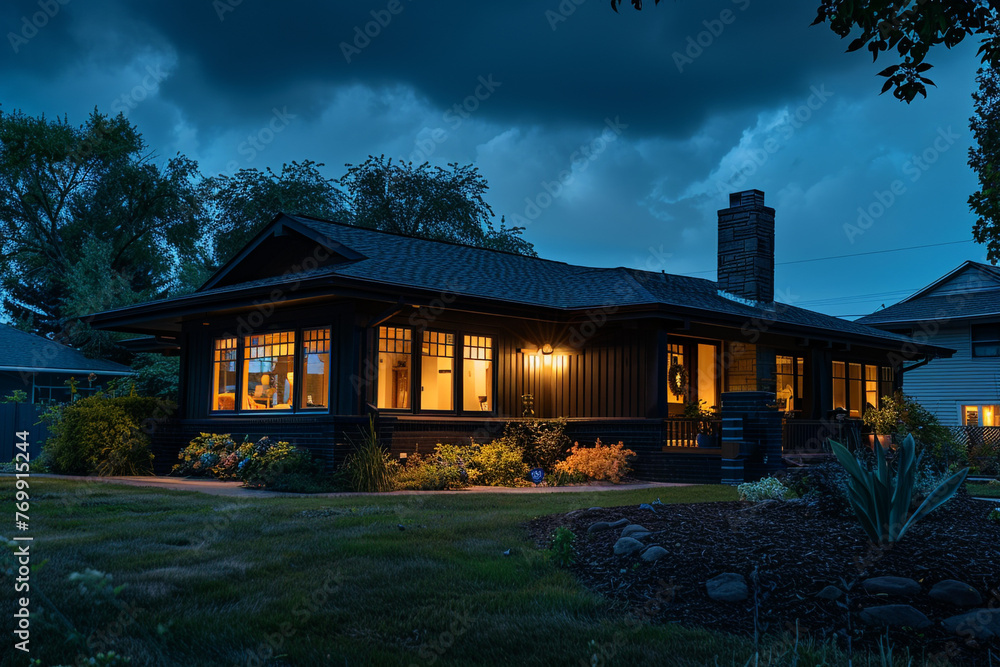 Late night ambiance, a charcoal Craftsman style house subtly illuminated by the gentle suburban night, still and contemplative