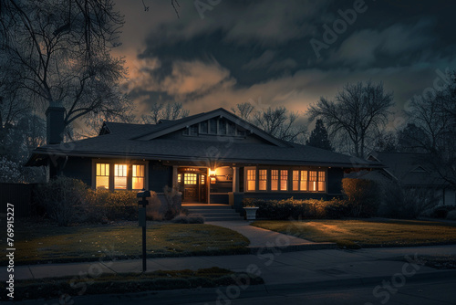 Late night ambiance, a charcoal Craftsman style house subtly illuminated by the gentle suburban night, still and contemplative © Nairobi 