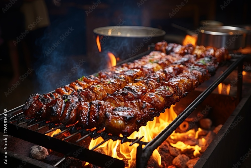 Grilled chicken meat on rotisserie used in traditional turkish street food Doner Kebab, Shawarma or Gyros in other cultures, in Istanbul, Turkey, Generative AI.