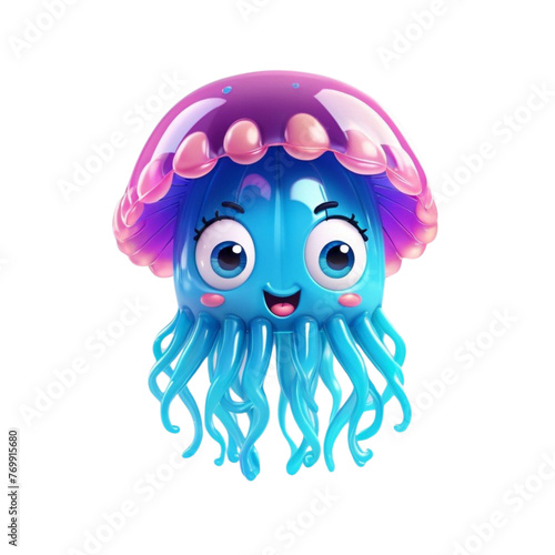 3d rendering of cartoon jellyfish on Isolated transparent background png. generated with AI photo