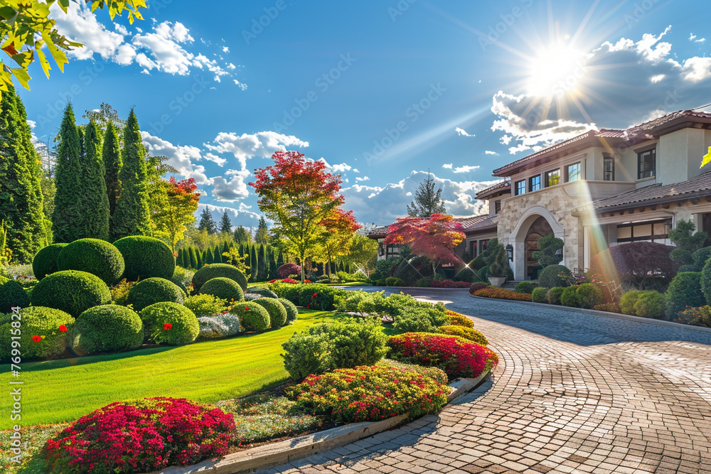 Luxury house with beautiful landscaping on a sunny day. Home exterior.