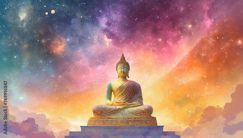 buddha statue with colorful universe space background