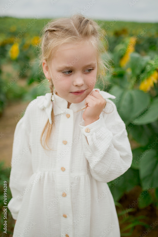 Girl in a white dress 5 years old in a field with sunflowers Girl in a white dress 5 years old in a field with sunflowers