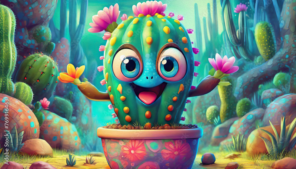 Oil painting style Funny cactus