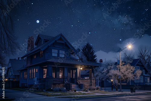 Midnight under a starry sky, a navy blue Craftsman style house in a suburban setting, highlighted by moonlight and soft street lamps, tranquil and silent neighborhood evoking a sense of calm
