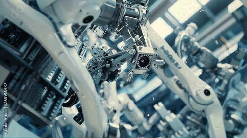 A robot is shown in a factory setting with many other robots. The robots are all white and appear to be working together. Scene is one of efficiency and productivity