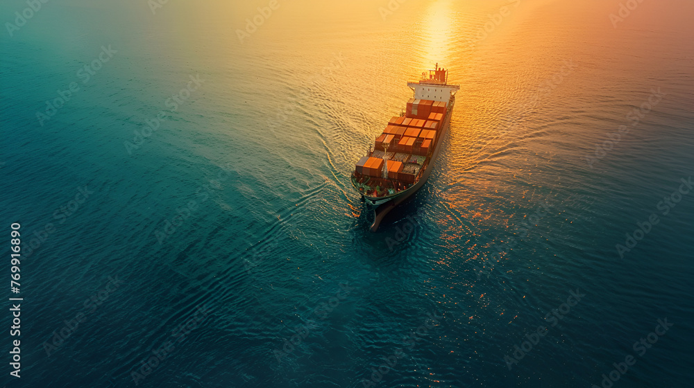 Aerial view from drone, Container ship or cargo shipping business logistic import and export, cargo container ship, Container Ship, Container Cargo Ship, ship in open sea, Generative Ai - obrazy, fototapety, plakaty 