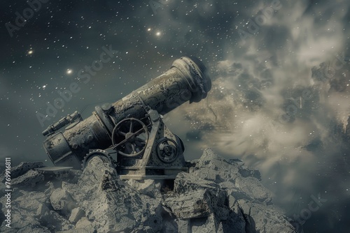 Old fashion telescope with sky and stars