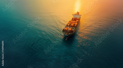 Aerial view from drone, Container ship or cargo shipping business logistic import and export, cargo container ship, Container Ship, Container Cargo Ship, ship in open sea, Generative Ai photo