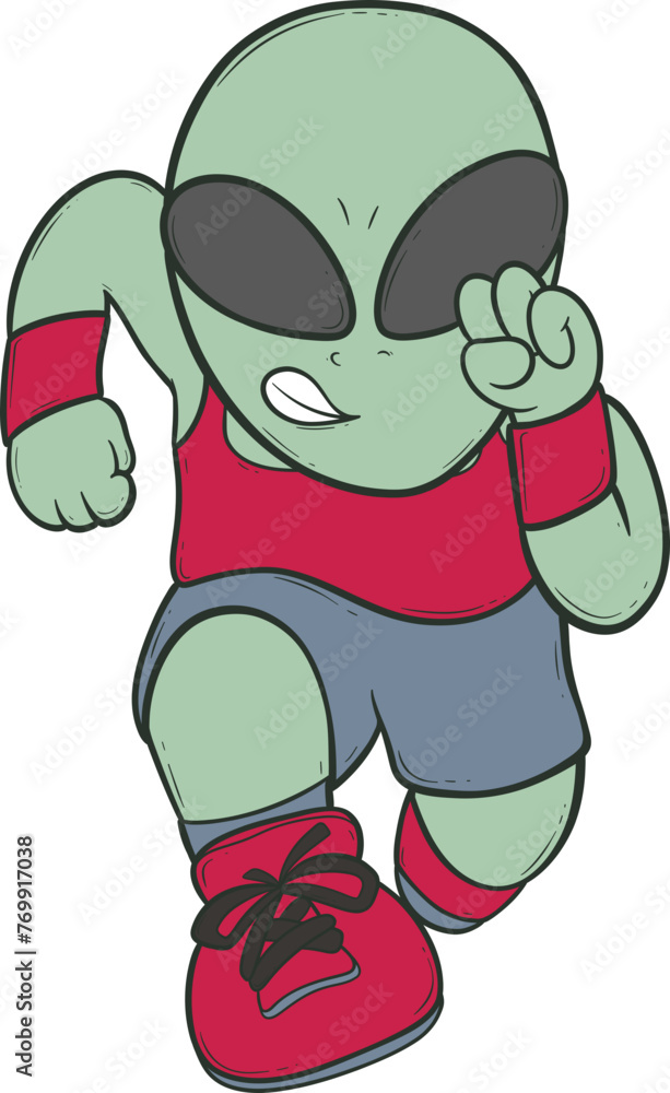A cartoon alien running with his arms raised A cartoon alien running with his arms raised