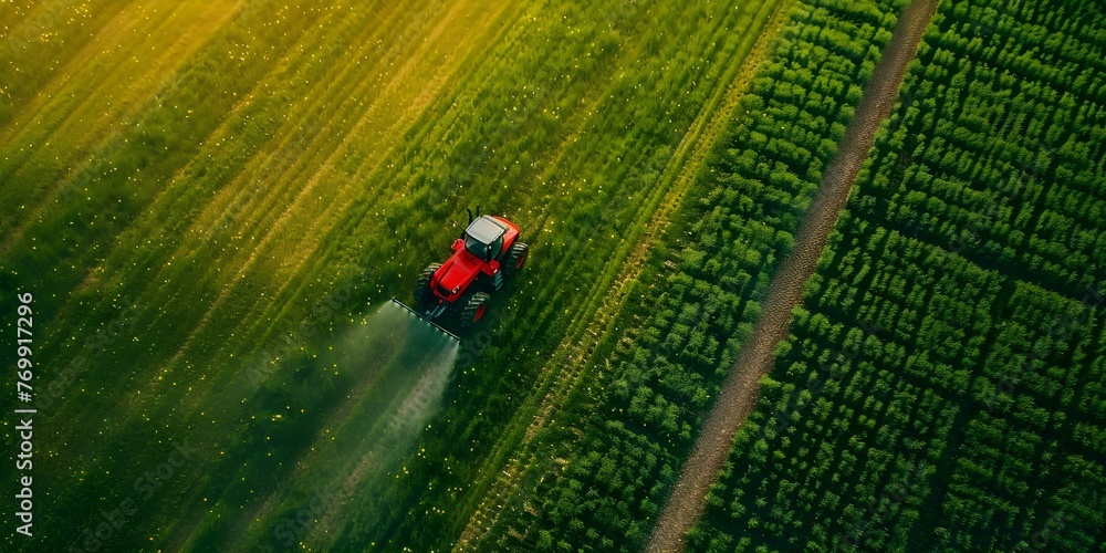 Advancing Agriculture: Aerial View of Tractor Spraying Pesticides on Spring Soybean Field. Concept Agriculture, Tractor, Pesticides, Soybean Field, Aerial View