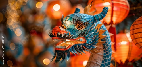 A colorful dragon head sculpture with glowing bokeh of lantern lights in the background at a Lantern Festival.