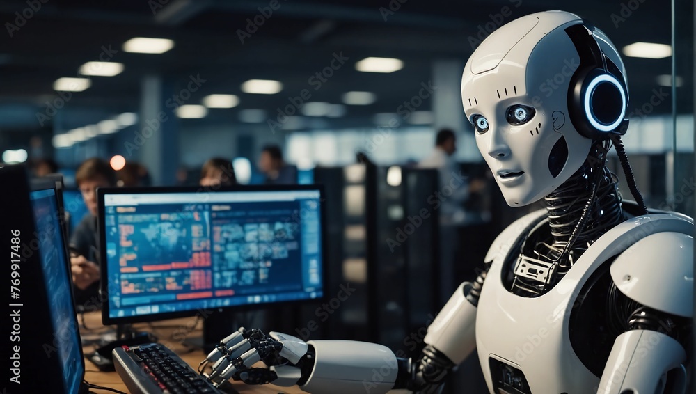 Answerphone, Robot With Headphones Answering The Phone Calls.Ai generative Answerphone, Robot With Headphones Answering The Phone Calls.Ai generative