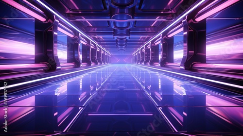 futuristic corridor with glowing lights and reflections