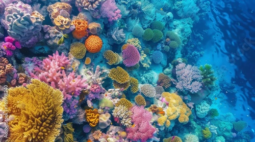 An explosion of color and life in an underwater shot showcasing a diverse and vibrant coral reef teeming with marine life.