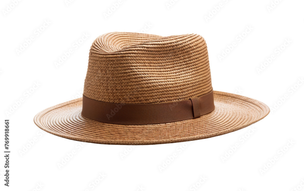 A straw hat featuring a stylish brown ribbon around the brim, creating a timeless and sophisticated look
